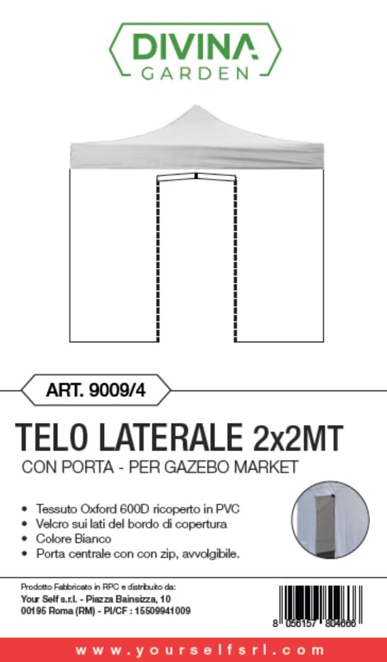 Divina Garden Telo Laterale 2x2m Bianco Impermeabile con Porta avvolgibile per Gazebo richiudibile