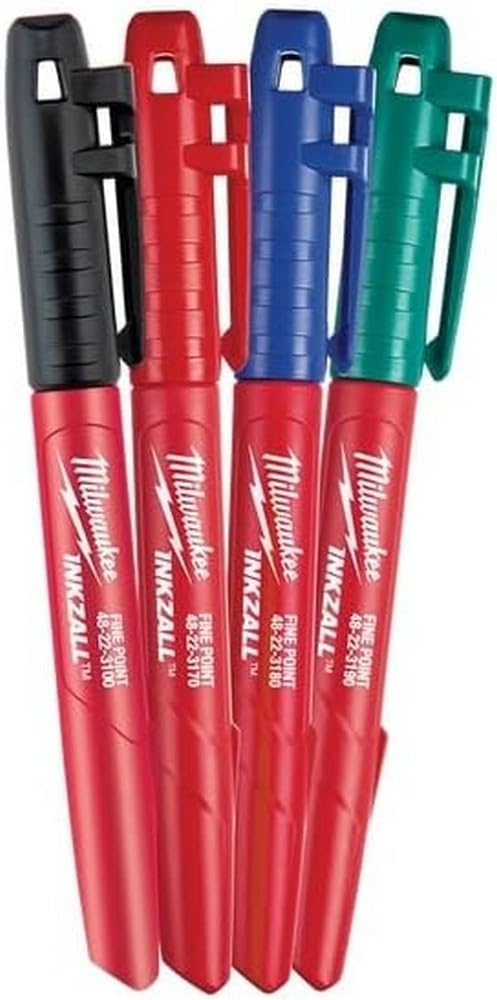 Milwaukee 4 Pennarelli Inkzall Assortiti Pennarello Indelebile a Punta Fine | Nero, Blu, Verde, Rosso