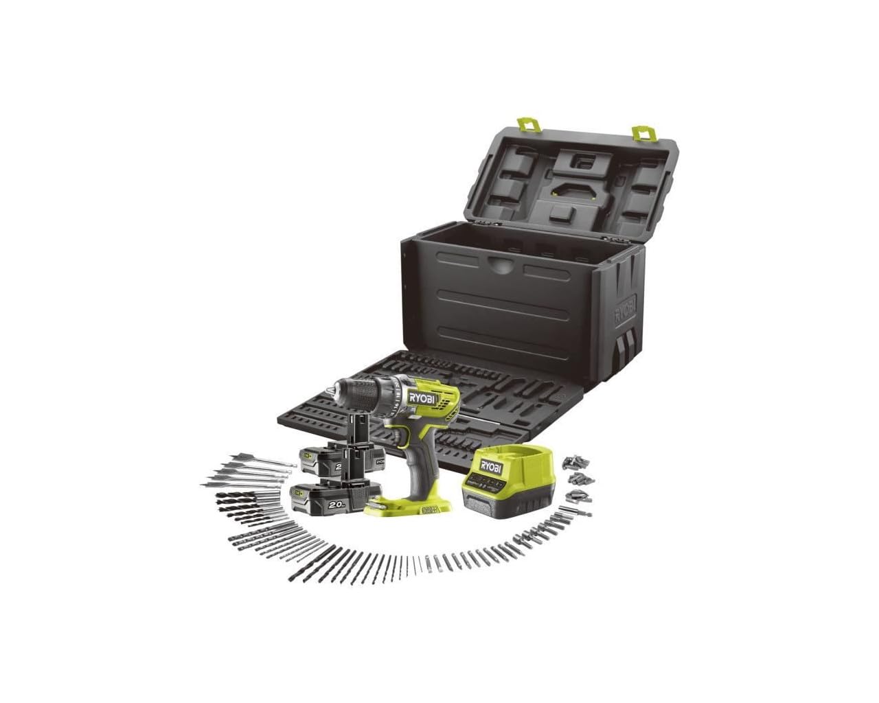 RYOBI R18DD3 Trapano Avvitatore 18V a Batteria, Con Valigia + 100 Accessori Inclusi | 2 Batterie 2,0Ah e Caricabatterie Rapido