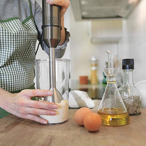 BLACK+DECKER BXHBA1000E - Frullatore a immersione, 1000W, 20 velocità + turbo, lame in acciaio inossidabile, asta rimovibile, tritaghiaccio, ergonomico, acciaio inossidabile, set completo di accessori
