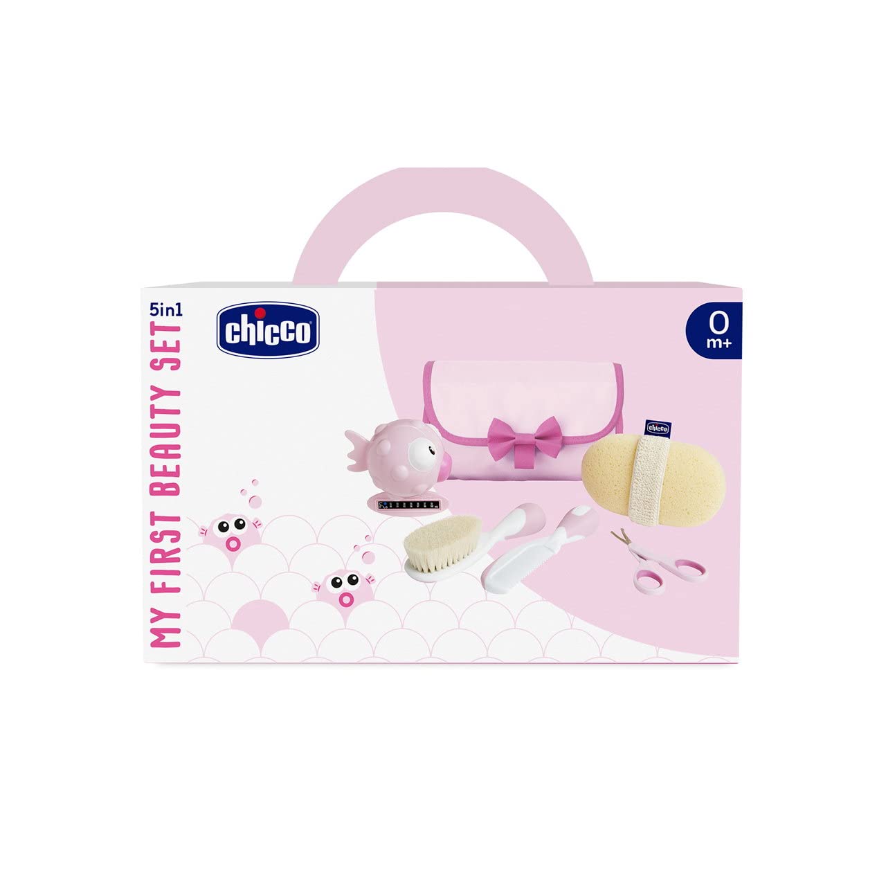 Chicco My First Beauty Set 5in1, Igiene Neonato, Prodotti Bagnetto, con Pettine, Spazzola, Frobicine per Unghie, Termometro da Bagno e Spugna, Accessori 0 Mesi, Rosa