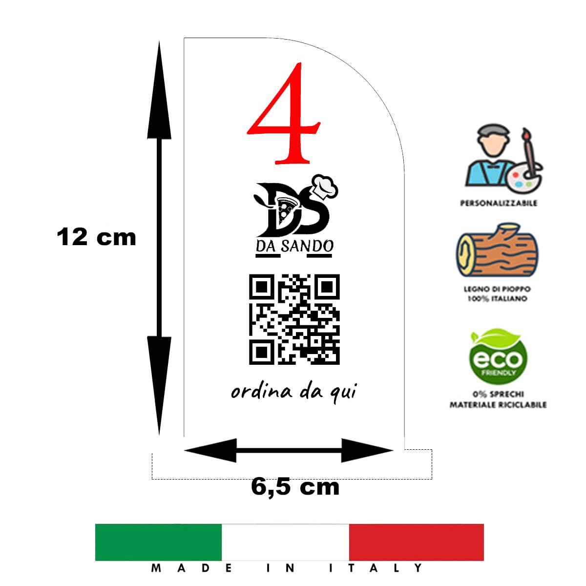 Segnatavolo Numerato in Legno 80mm x h120mm per Ristotante Pizzeria | Segnatavoli Personalizzabili con Logo e Codice QR menù Digitale | Incisione Fronte-Retro
