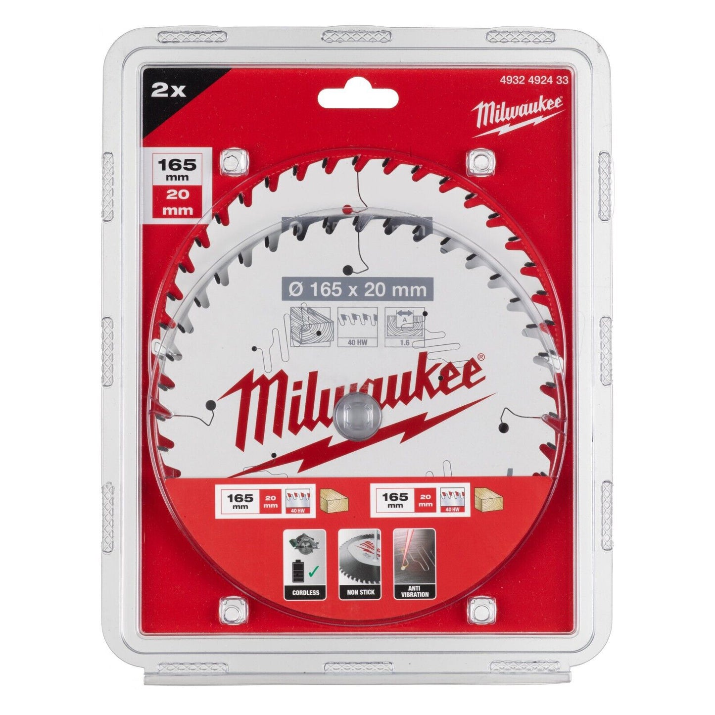 MILWAUKEE 4932492433 Set di 2 Lame 40 Denti per Sega Circolare 165mmx20 Legno