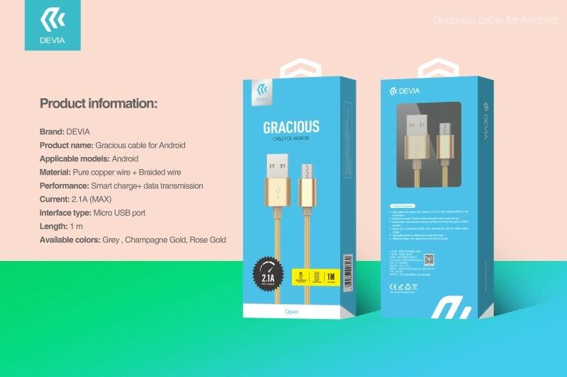 DEVIA DEGCA038G Robusto Cavo Dati in Corda per Android M-USB 1.5mt Grigio