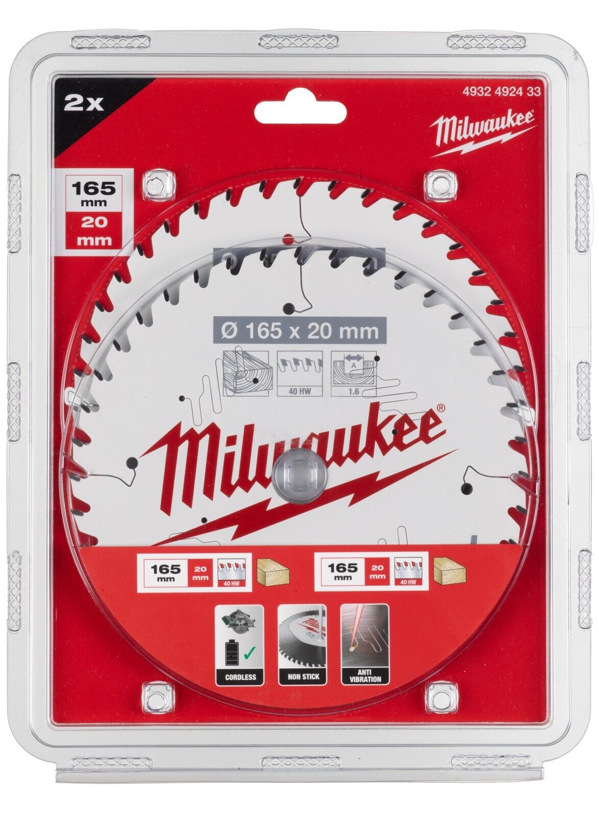 MILWAUKEE 4932492433 Set di 2 Lame 40 Denti per Sega Circolare 165mmx20 Legno