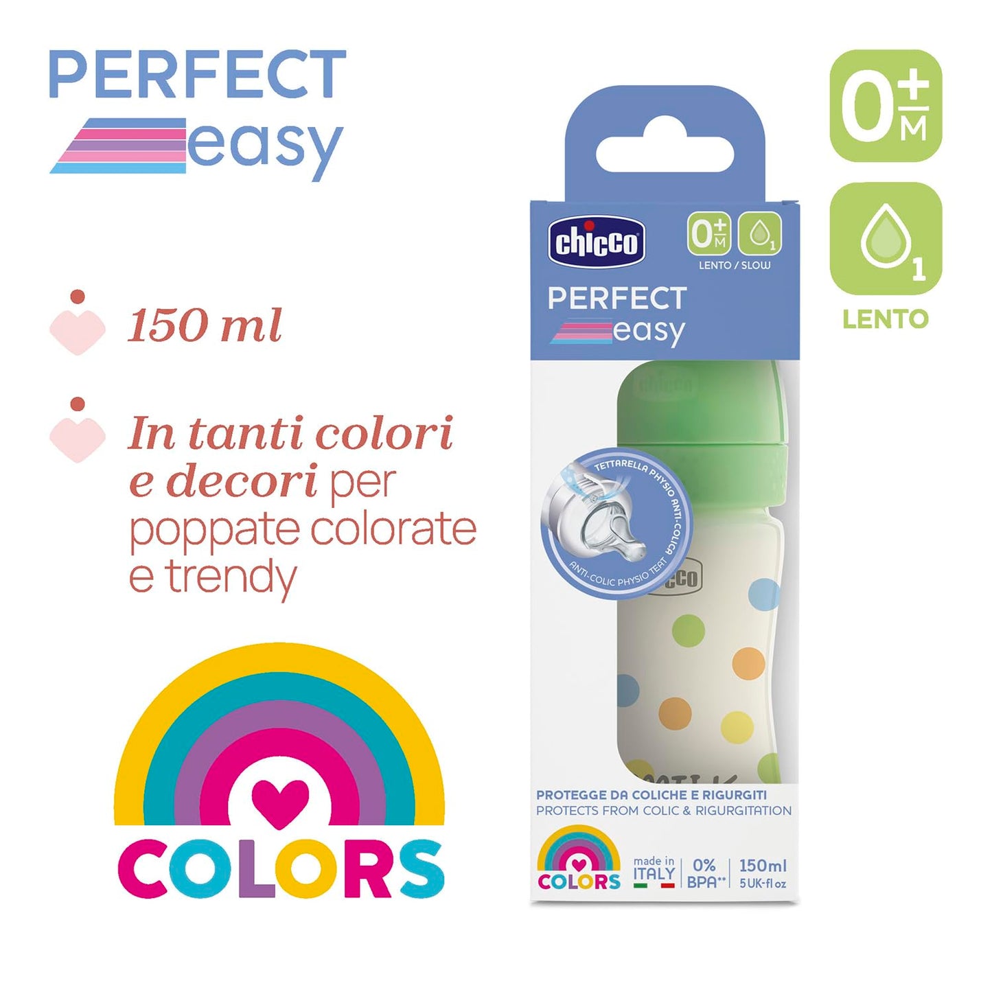 Chicco Biberon Perfect Easy Flusso Lento, con Tettarella Physio in Morbido Silicone e Finitura Soft Sense, Anticolica, Riduce Rigurgito e Irritabilità, Bottiglia in Plastica da 150ml, 0 Mesi+, Neutro