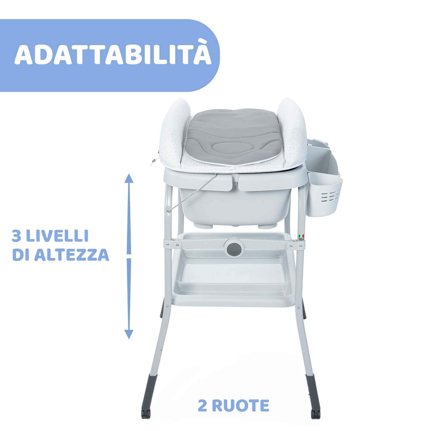 Chicco Cuddle & Bubble Vaschetta Bagnetto Fasciatoio Neonato Ergonomico con Materassino e Morbido Riduttore, Altezza Regolabile, Chiusura Compatta, Parent Organizer 2 Ruote, Max 11kg - Dots, Grigio