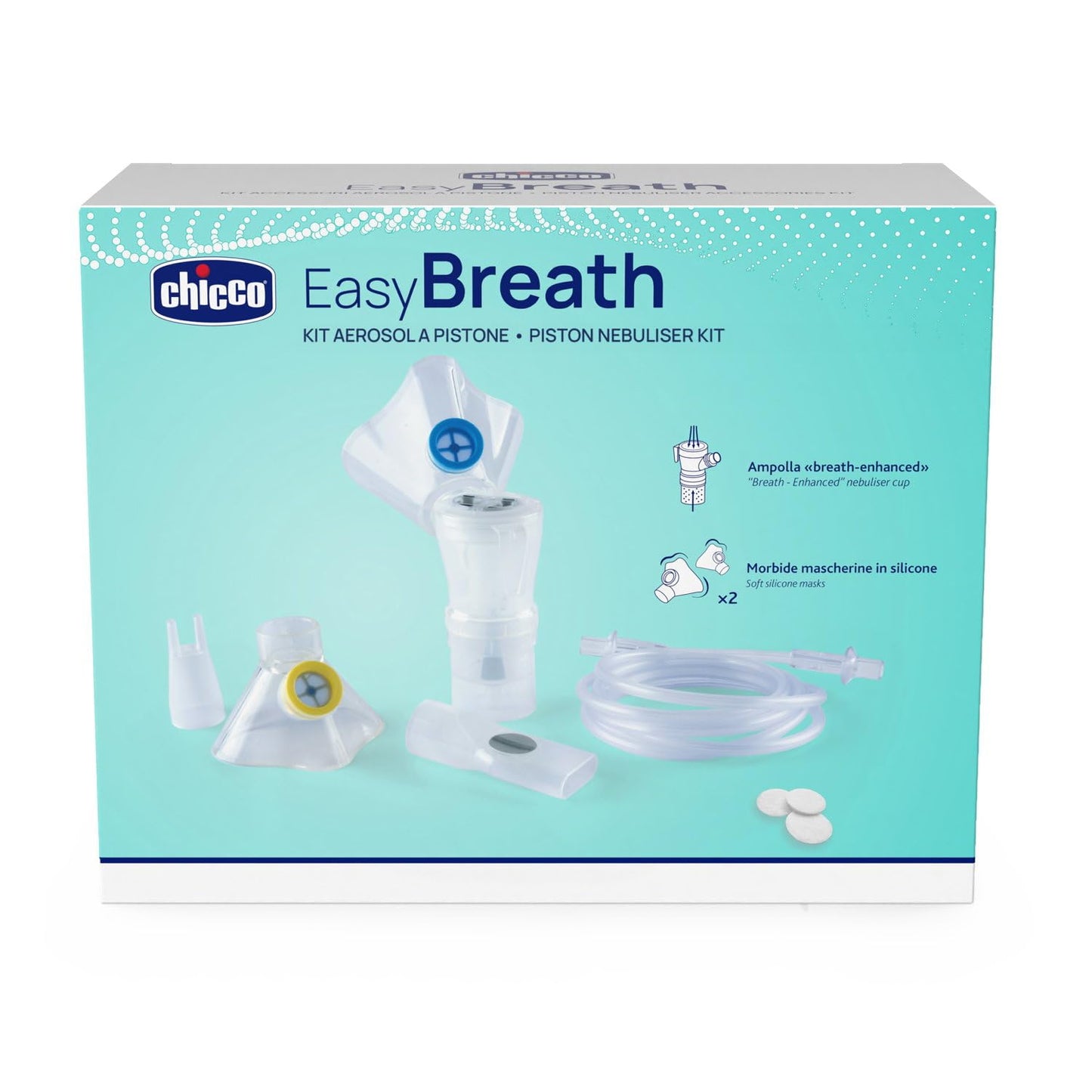 Chicco Easy Breath Kit per Aerosol, Set composto da una mascherina pediatrica e una per adulti, Ampolla Breath Enhanced, un tubo dell'aria, Boccaglio, Forcella nasale, Filtri di ricambio, 0m+