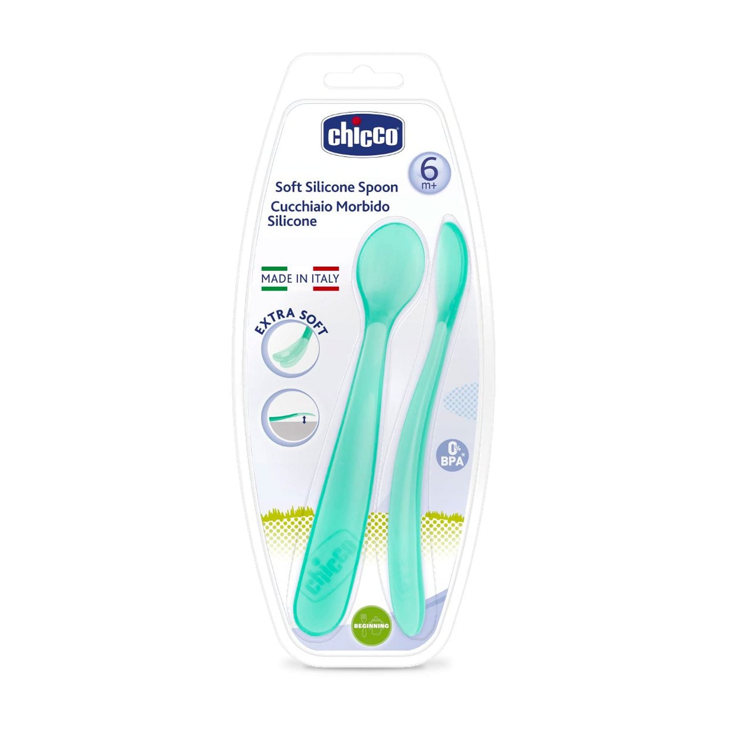 Chicco Cucchiaino Svezzamento in Silicone, Set 2 Cucchiai Morbidi per Neonati e Bambini, Delicati e Flessibili, con Impugnatura Ergonomica e Manico Lungo Curvato, 2 Pezzi - 6+ Mesi, Azzurro