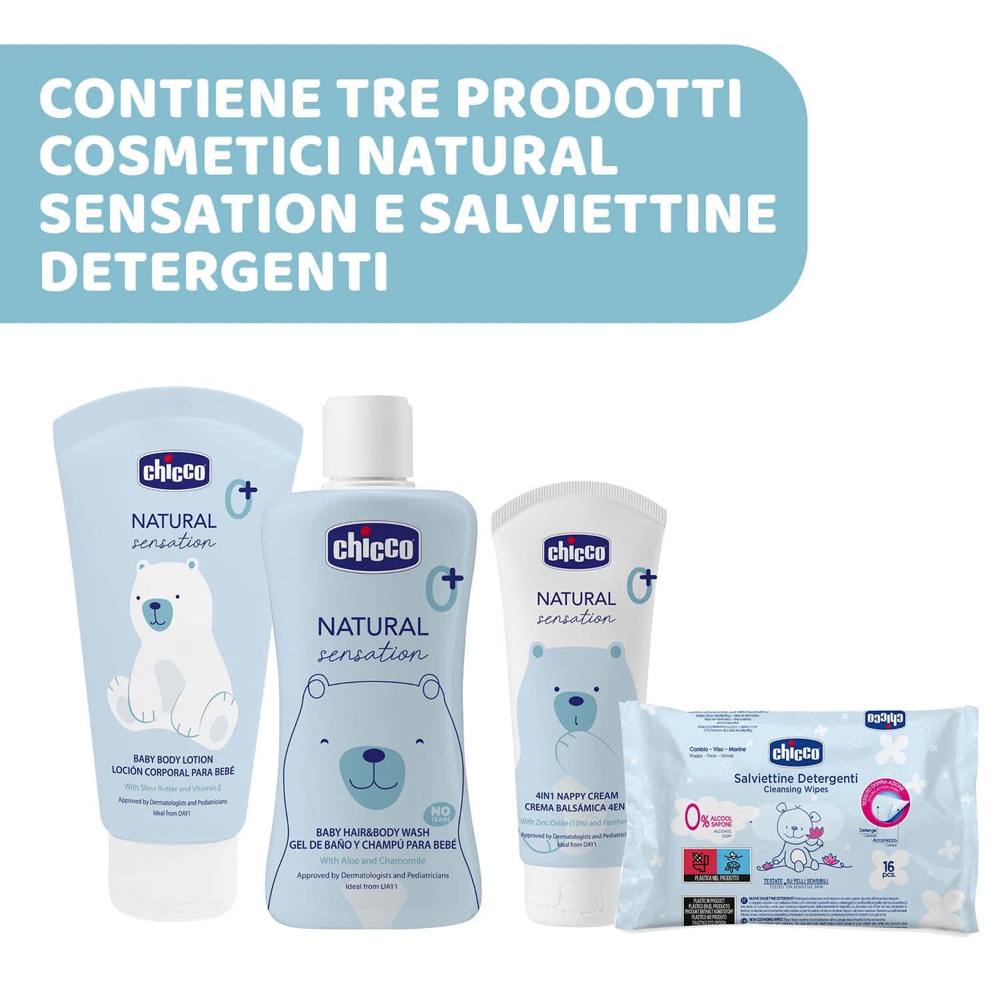 CHICCO Natural Sensation, Nappy Changing and Bathing Set with Cotton Beauty Case, Tears-Free Shampoo Bath 200 ml, Body Cream 150 ml, Soothing Paste 100 ml, Cleansing Wipes, Light Blue