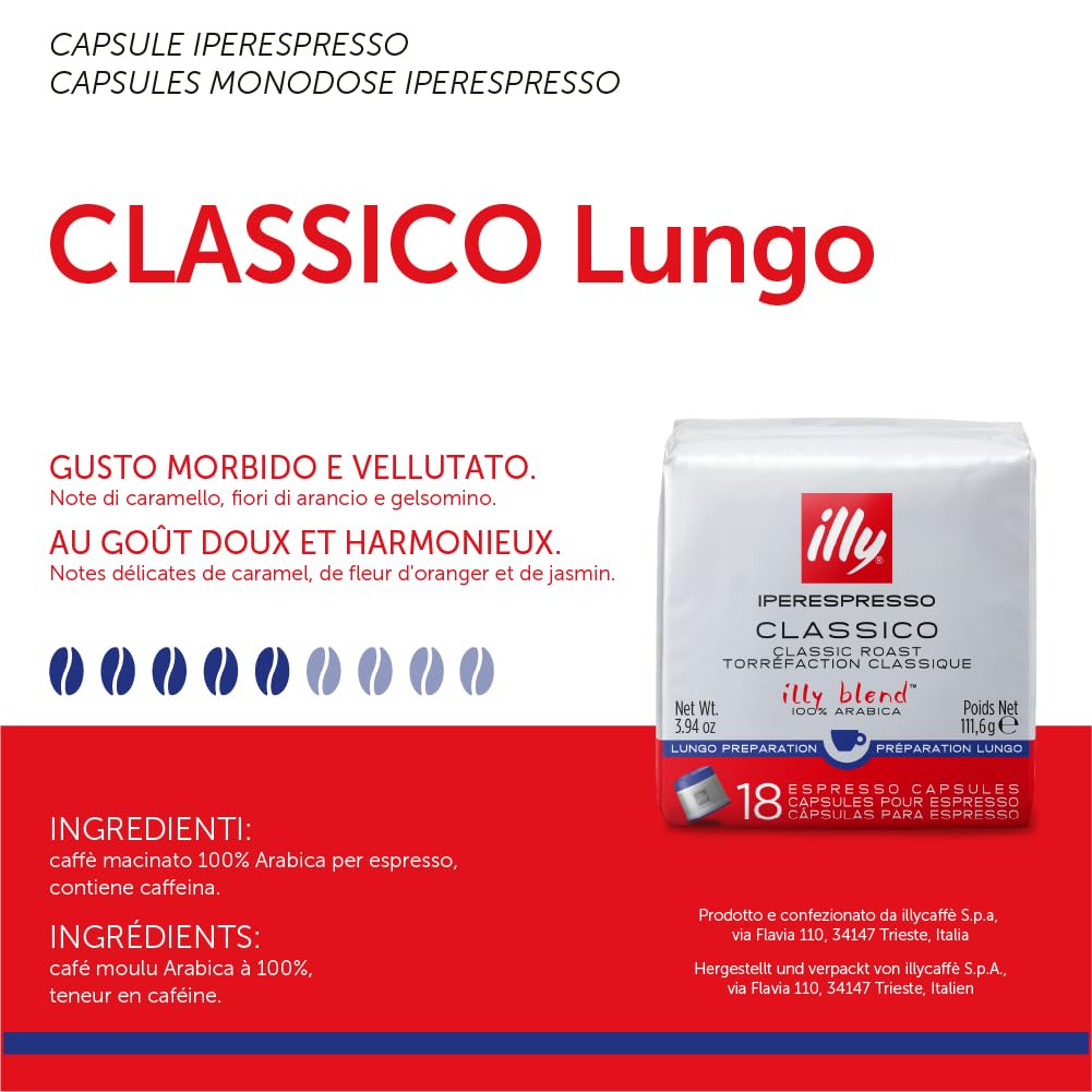 illy Capsule Caffè Iperespresso Tostato CLASSICO Lungo, 6 Confezioni da 18 Capsule, Totale 108 Capsule