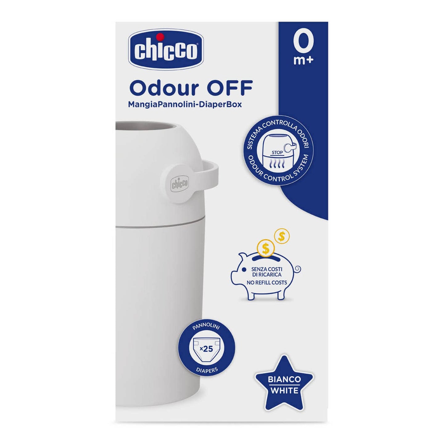 Chicco Mangiapannolini Controlla Odori, Smaltimento Pannolini, Cestino Contenitore Compatto e Salvaspazio, Non servono ricariche, si usano i normali Sacchetti, Bianco