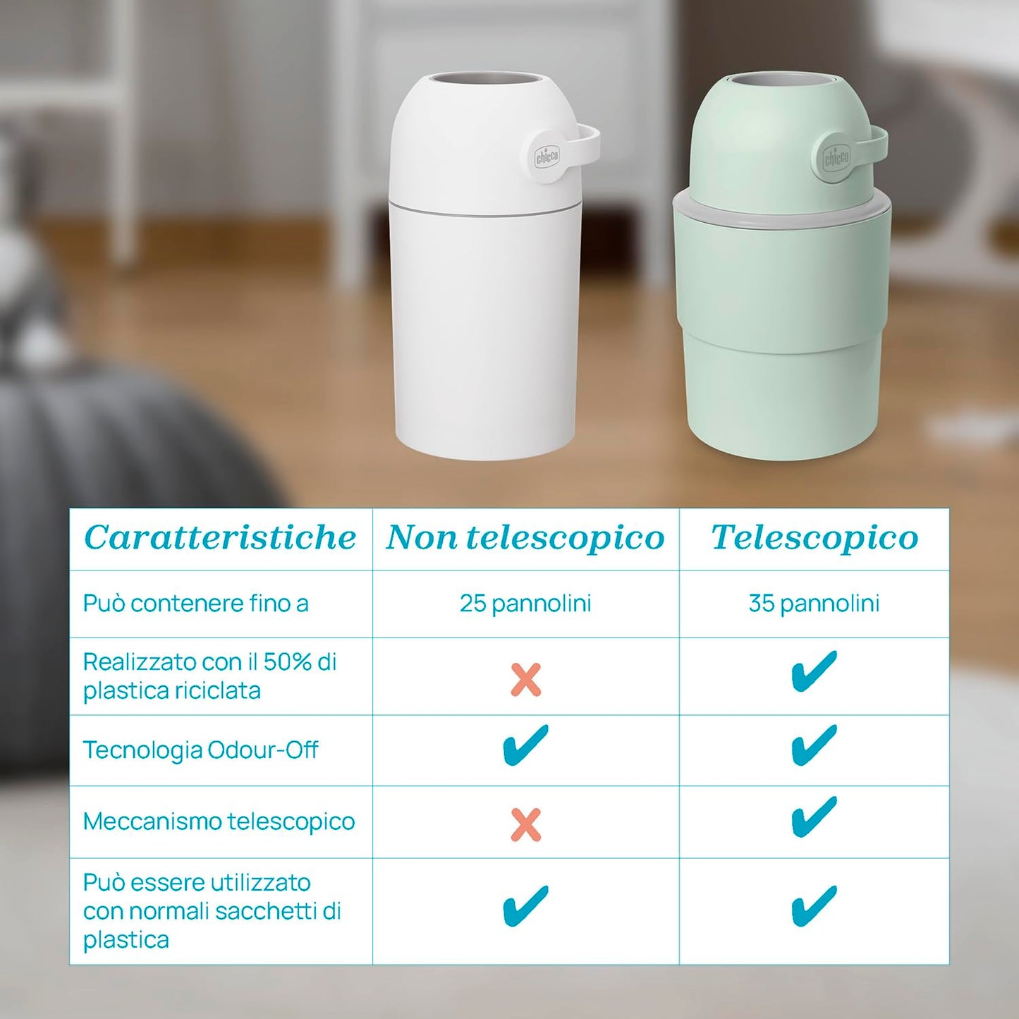 Chicco Mangiapannolini Telescopico Controlla Odori Compatto, Smaltimento Pannolini, Cestino Contenitore Pieghevole e Salvaspazio, Non servono ricariche, si usano i normali Sacchetti, Verde