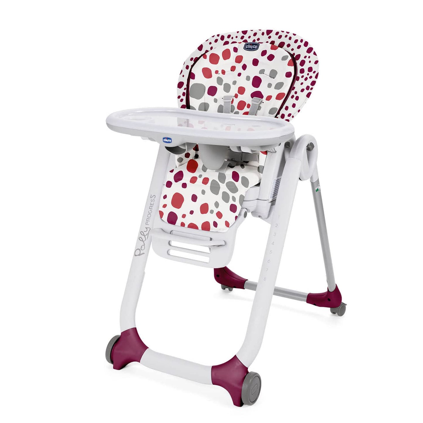 Chicco Polly Progres5 Seggiolone Pappa Regolabile per Bambini 0 Mesi - 3 Anni (15 kg), Trasformabile in Rialzo Sedia Bambini, Reclinabile a Sdraietta, con 4 Ruote e Chiusura Compatta - Cherry