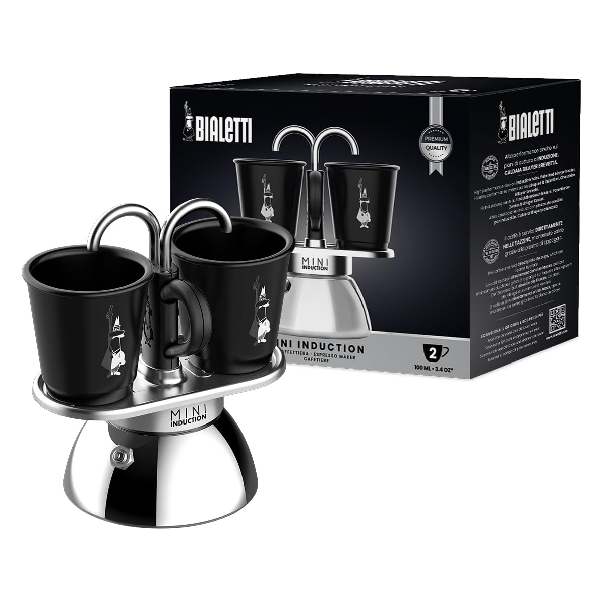 Bialetti Mini Express Induction Caffettiera, Alluminio, Nero, 2 Tazze