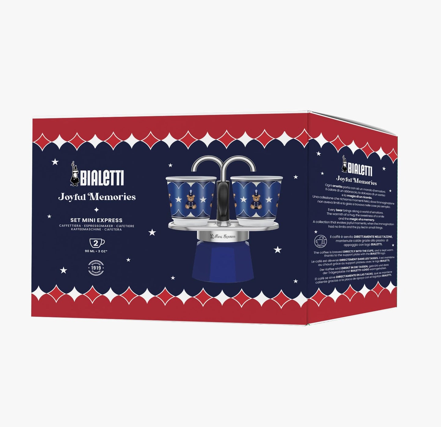 Bialetti Set Mini Express Natale 2025, Moka in Alluminio, Caffettiera Blu con 2 Tazze, Edizione Speciale Joyful Memories