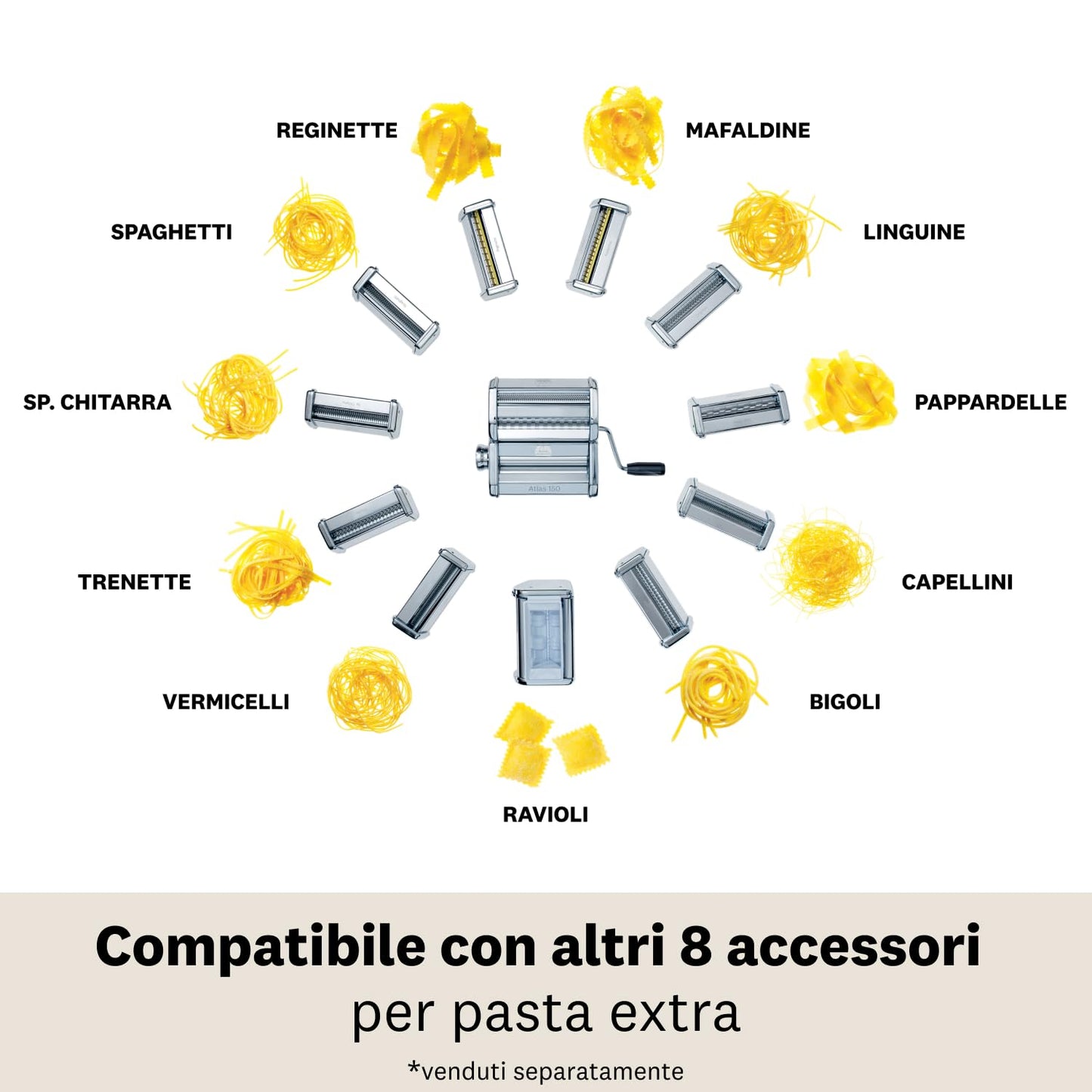 Marcato Multipast Macchina per Pasta Manuale Acciaio Cromato con Accessori : Ravioli, Spaghetti e Reginette
