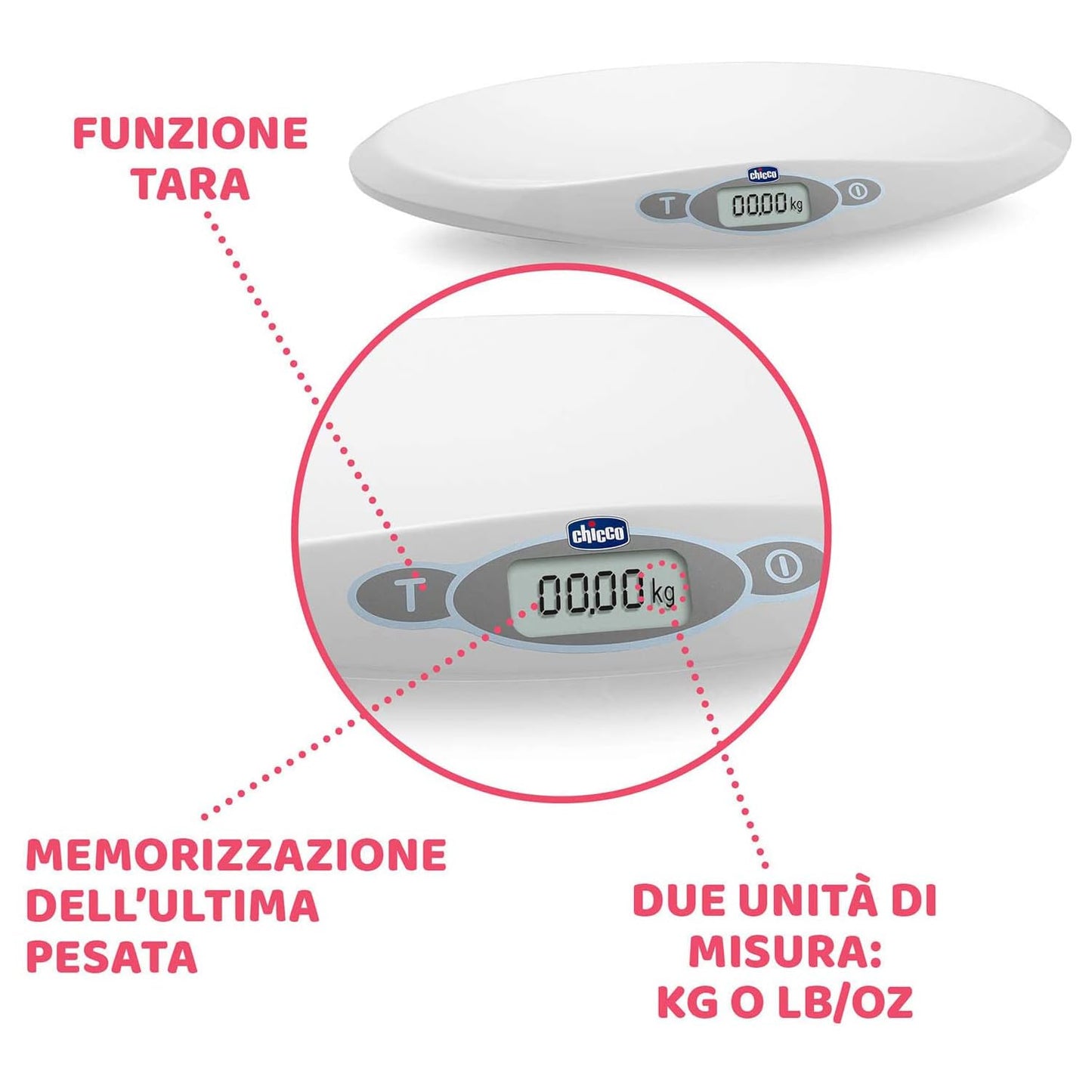 Chicco Bilancia Elettronica Digitale Pesa Bambini Neonati Con Display Digitale LCD, Bilancia Pesa Neonato fino a 20 Kg, Funzione Tara, Funzione Stabilizzatore, Memorizzazione Ultima Pesata, Bianco