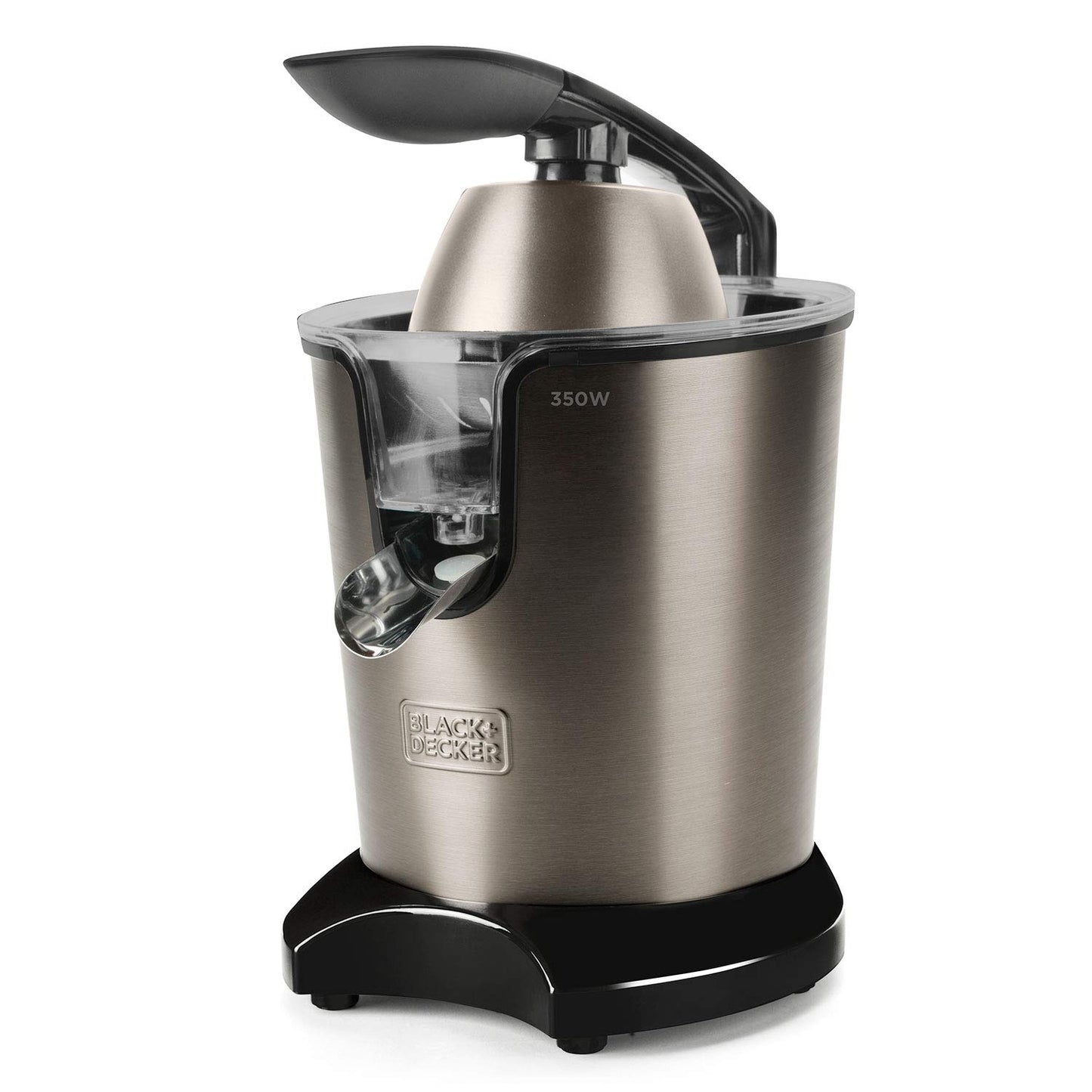 Black+Decker BXCJ350E - Spremiagrumi Elettrico con Leva 350W, Motore AC, Filtro Extra Regolatore della Polpa, 2 Coni di Dimensioni Diverse, Contenitore da 650 ml, Nero Grigio