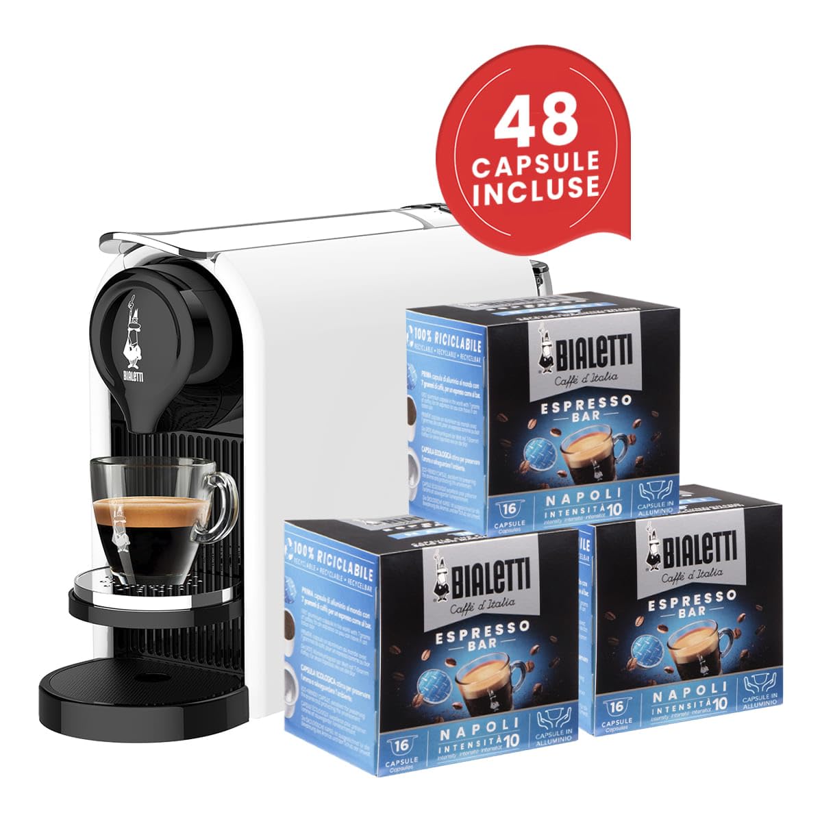 Bialetti Gioia PLUS, Macchina Caffè Espresso per Capsule in Alluminio, Incluse 48 Capsule, Funziona Esclusivamente con Capsule, Bianco