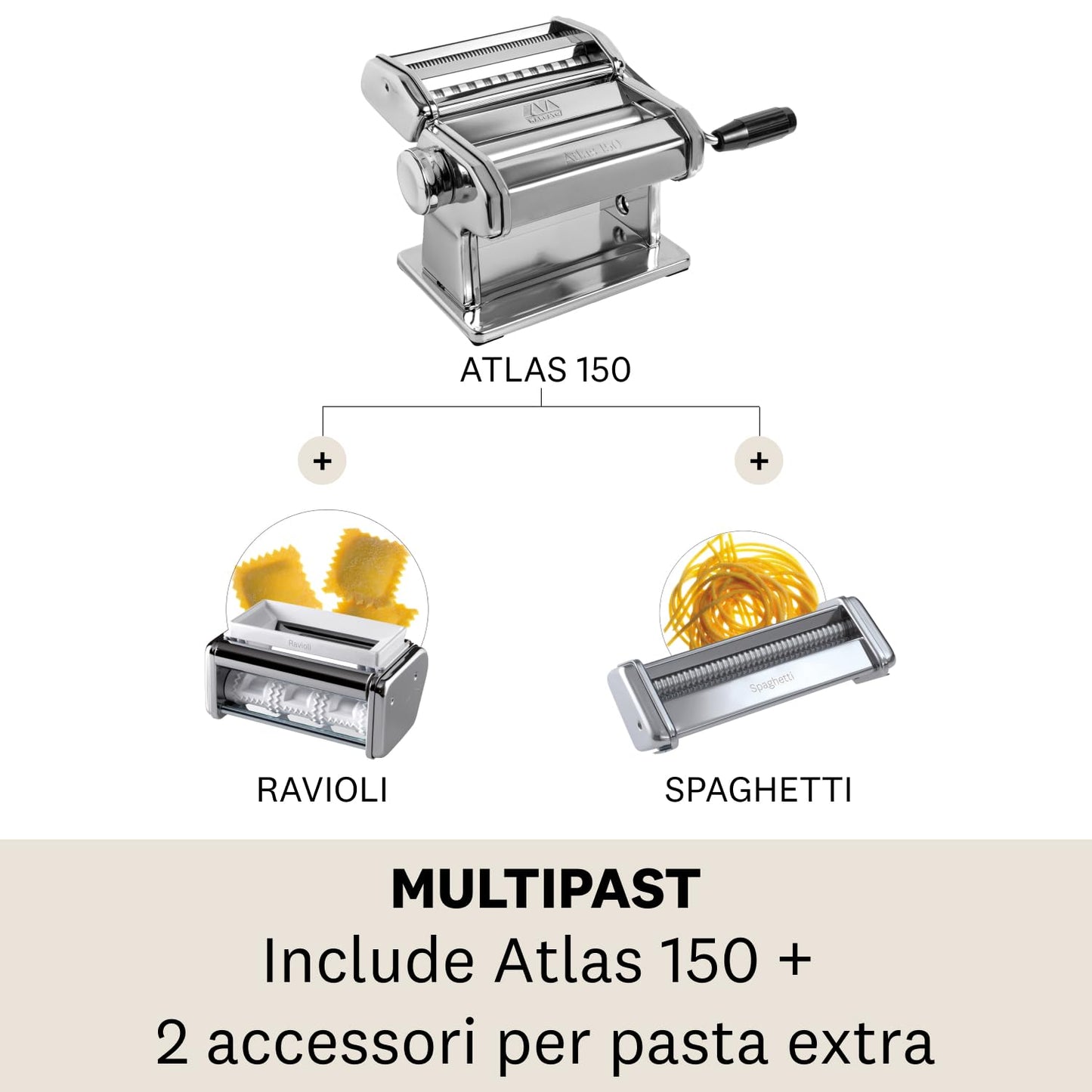 Marcato GS-PASTASET Macchina per Pasta Manuale con Inclusi Accessori per Ravioli e Spaghetti, Acciaio Cromato, Argento, 20,3x14x20,3 cm