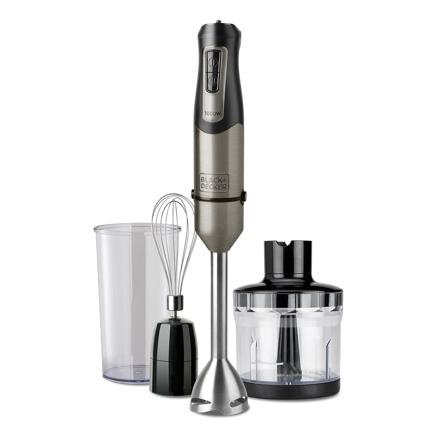 BLACK+DECKER BXHBA1000E - Frullatore a immersione, 1000W, 20 velocità + turbo, lame in acciaio inossidabile, asta rimovibile, tritaghiaccio, ergonomico, acciaio inossidabile, set completo di accessori