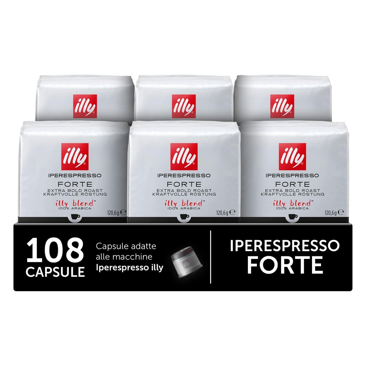 illy, Caffè in Capsule Iperespresso FORTE, 100% Arabica con Intenso Aroma di Pan Tostato e un Retrogusto di Cioccolato Fondente, Gusto Deciso, 6 Confezioni da 18 (108 Capsule Totali)
