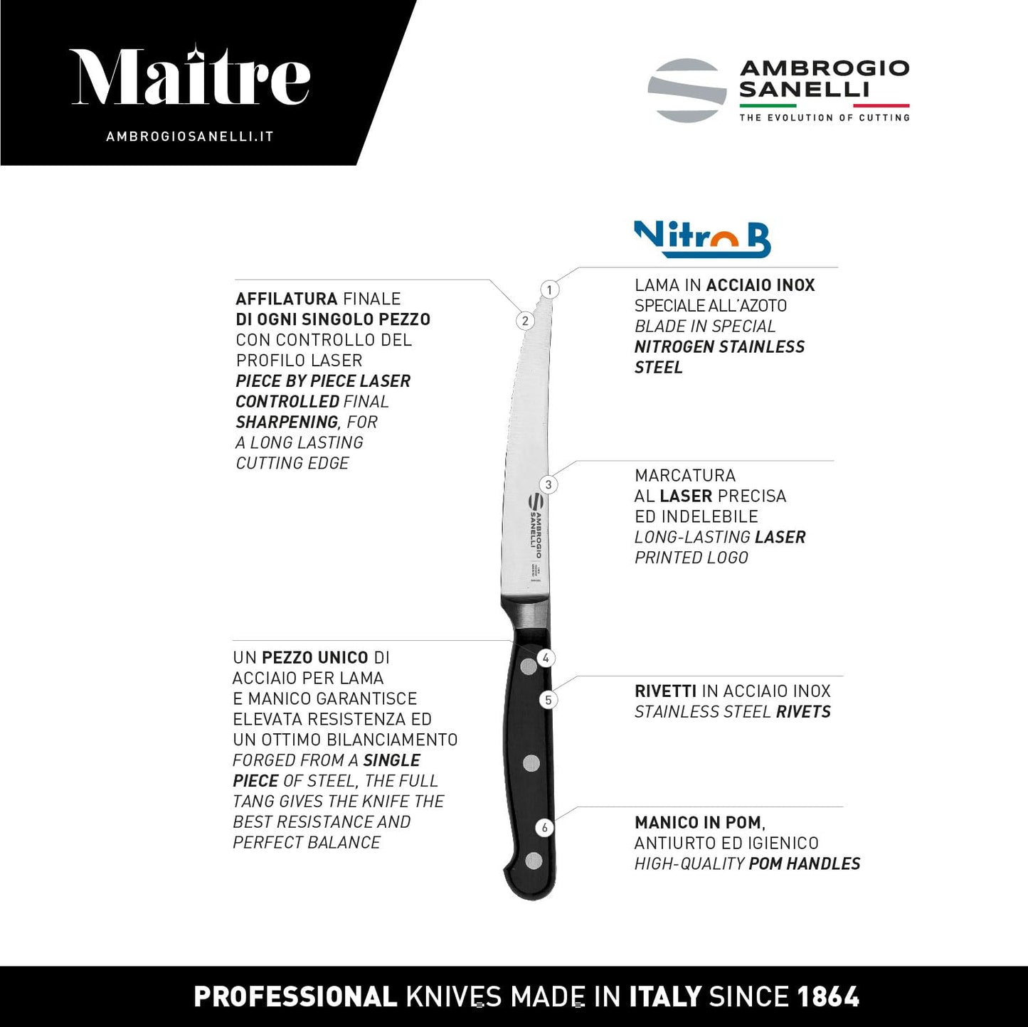 Ambrogio Sanelli, Maitre Set Coltelli Bistecca, 6 Coltelli da Tavola con Lama Mezzo Dentata in Acciaio Inox all'Azoto 11 cm e Manico Ergonomico, Coltelli da Cucina Professionali, Made in Italy