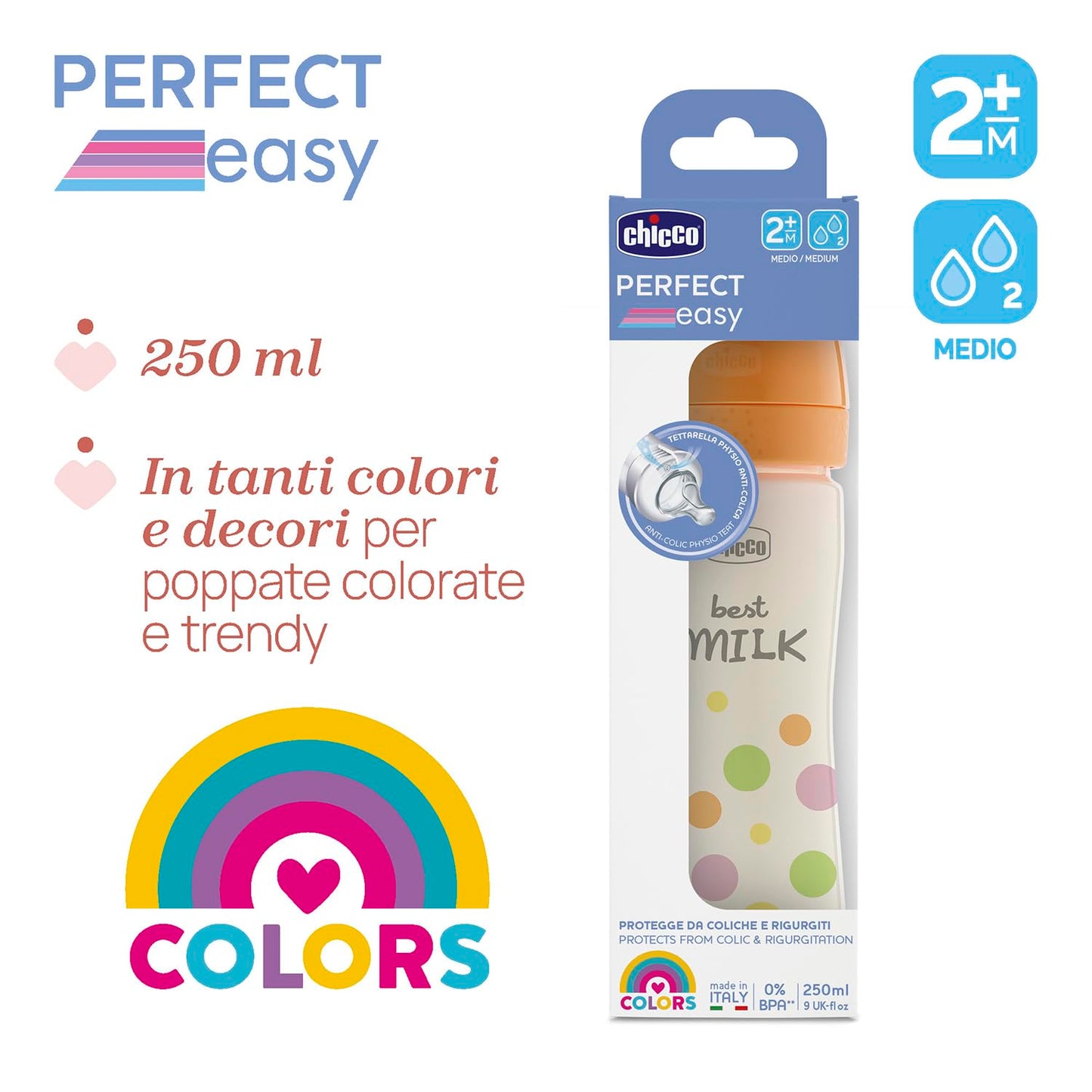Chicco Biberon Perfect Easy Flusso Medio, con Tettarella Physio in Morbido Silicone e Finitura Soft Sense, Anticolica, Riduce Rigurgito e Irritabilità, Bottiglia in Plastica da 250ml, 2Mesi+, Bambina