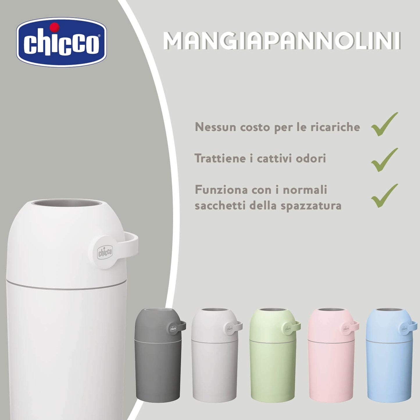 Chicco Mangiapannolini Controlla Odori, Smaltimento Pannolini, Cestino Contenitore Compatto e Salvaspazio, Non servono ricariche, si usano i normali Sacchetti, Bianco