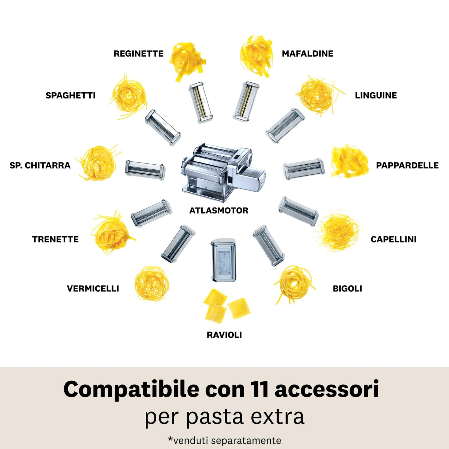 Marcato Macchina per la Pasta Elettrica Atlas 150 + Motore, Atlasmotor, Per Pasta,Lasagne, Fettuccine, Tagliolini, Acciaio.