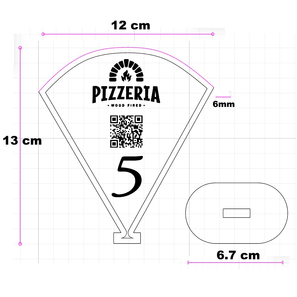 Segnatavolo in Legno a Forma di Pizza, Personalizzabile con Logo, Numero e QR Code, 13x12 cm, Spessore 6mm, Segna Tavolo Numerato Pizzeria