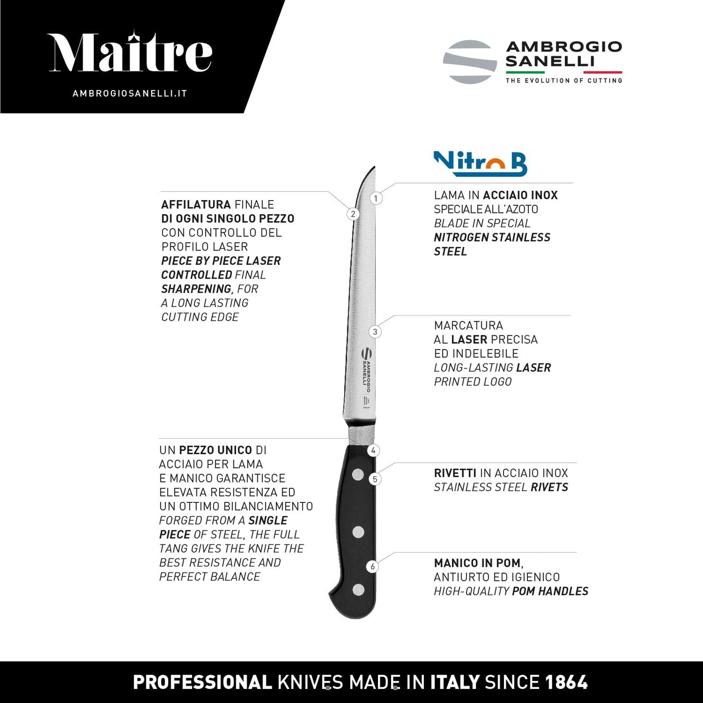 Ambrogio Sanelli, Maitre Coltello Disosso, Coltello Cucina per Disossare con Lama Liscia in Acciaio Inox all'Azoto 16 cm e Manico Ergonomico, Coltelli da Cucina Professionali, Made in Italy
