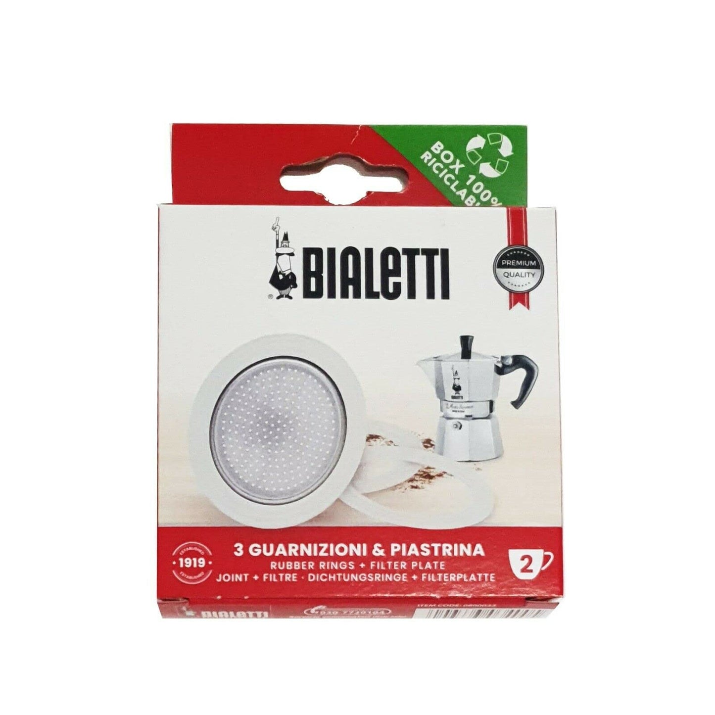 BIALETTI | Set di 3 guarnizioni e 1 portafiltro per Moka Express 2 tazze , Moka Elettrika, Mini Express, Moka Dama