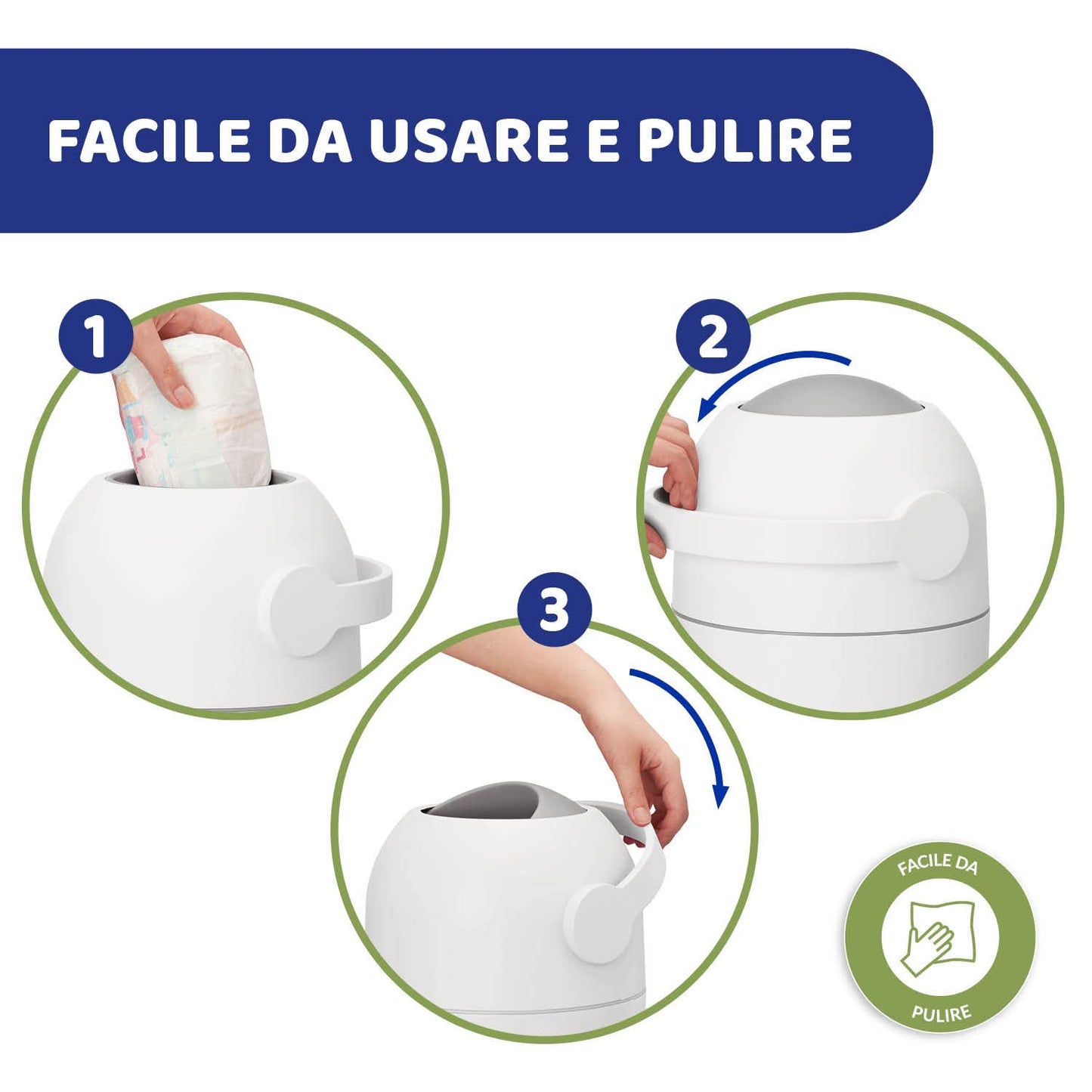 Chicco Mangiapannolini Controlla Odori, Smaltimento Pannolini, Cestino Contenitore Compatto e Salvaspazio, Non servono ricariche, si usano i normali Sacchetti, Bianco
