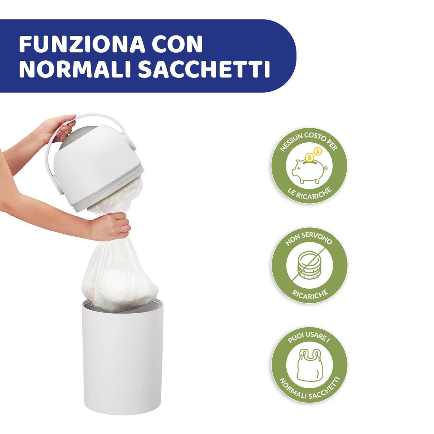 Chicco Mangiapannolini Controlla Odori, Smaltimento Pannolini, Cestino Contenitore Compatto e Salvaspazio, Non servono ricariche, si usano i normali Sacchetti, Bianco