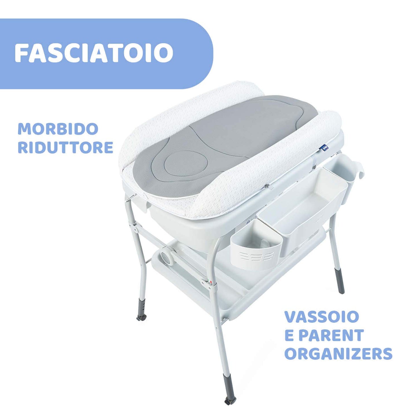 Chicco Cuddle & Bubble Vaschetta Bagnetto Fasciatoio Neonato Ergonomico con Materassino e Morbido Riduttore, Altezza Regolabile, Chiusura Compatta, Parent Organizer 2 Ruote, Max 11kg - Dots, Grigio