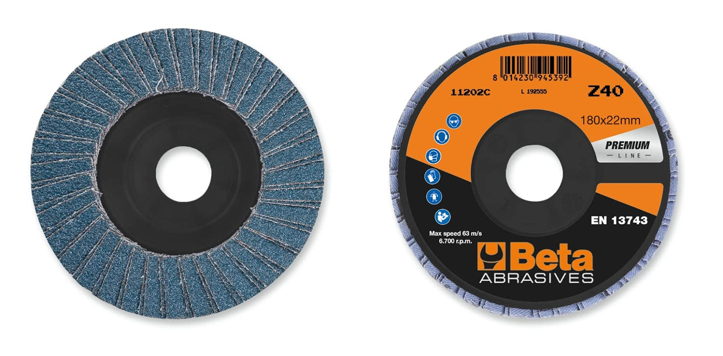 Beta 11204A - Dischi abrasivi lamellari per smerigliatrici con tela abrasiva allo zirconio, 10 unità, diametro 115 mm, spessore 40 mm e foro da 22, 23 mm