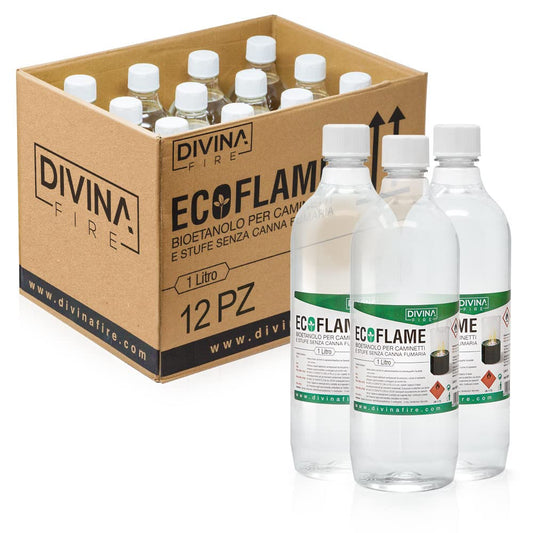 Divina Fire | 12 Bottiglie Bioetanolo da 1lt Combustibile Ecologico Naturale inodore per Camino Biocamino