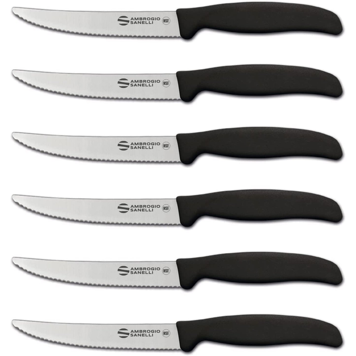 Sanelli Ambrogio, Set de couteaux à steak Supra, 6 couteaux avec lame dentelée de 12 cm, affûtage contrôlé au laser, manche ergonomique, couteaux professionnels fabriqués en Italie, lavable au lave-vaisselle