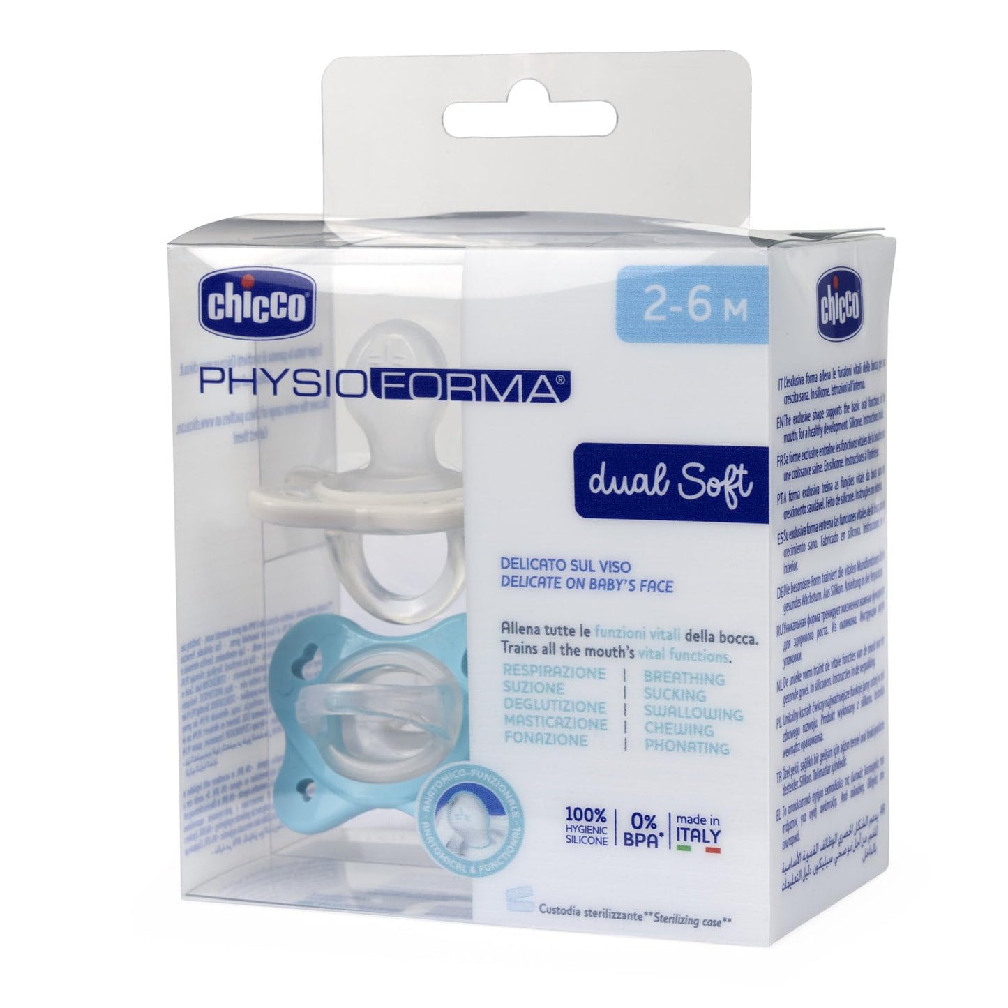 Chicco Gommotto Dual Soft, Ciuccio in Silicone 2-6 Mesi, Bicolore, Set di Gommotti con Doppia Morbidezza, Supportano la Respirazione e Favoriscono il Corretto Sviluppo della Bocca, 2 Pezzi, Bimbo