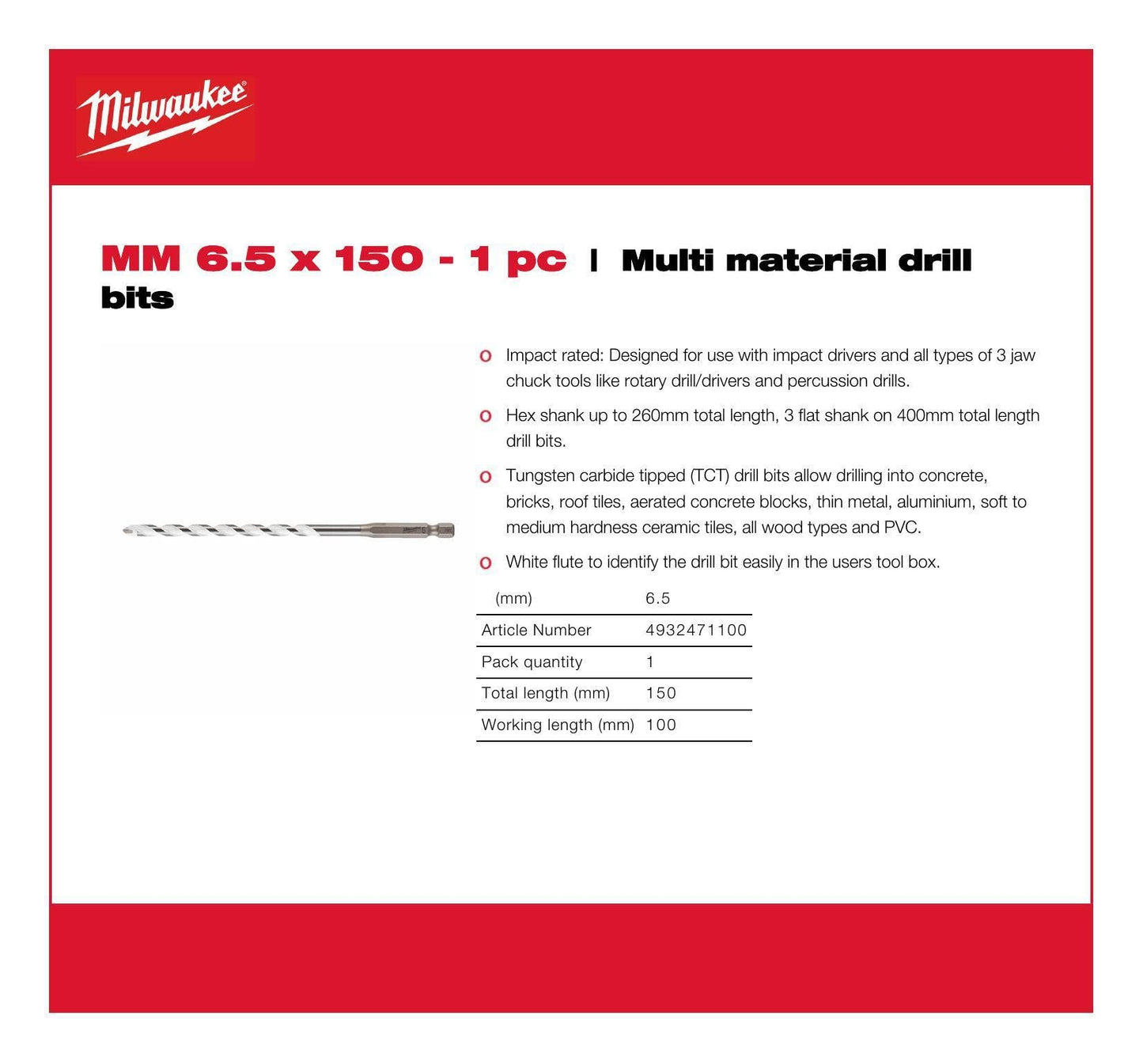 Milwaukee 4932471100 Esagonale Punta Multimateriale, 1/4" Dimensioni, 6,5 mm Diametro, 150 mm Lunghezza
