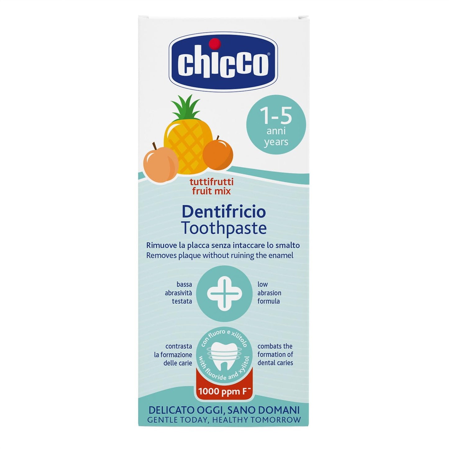 Chicco Tuttifrutti Children's Toothpaste, Low Abrasiveness, with Betaine and Vitamin E, Counteracts the Formation of Caries and Removes Plaque, 12+ Months - 50 ml