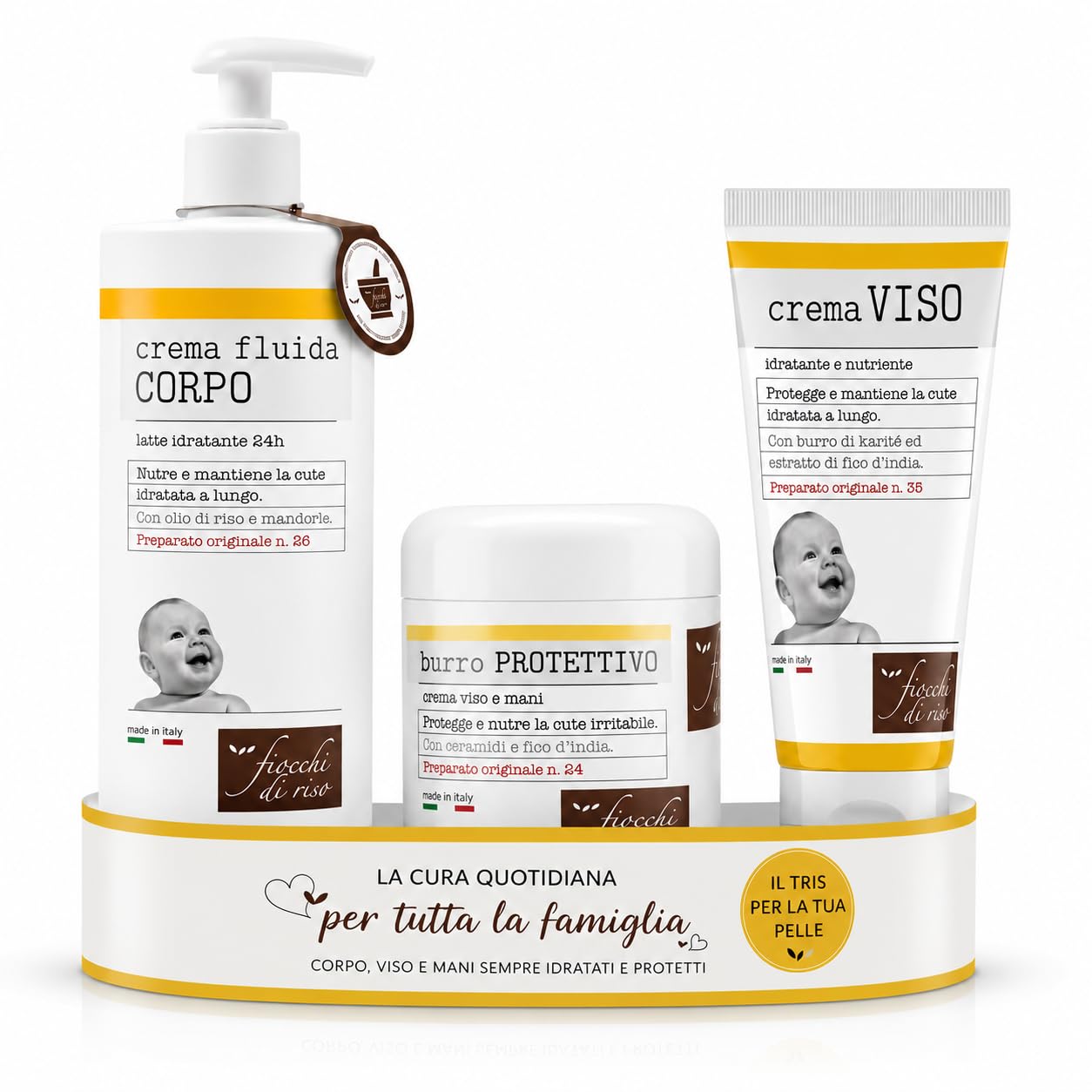 Fiocchi di Riso Crema Fluida Corpo, Latte Idratante 24h, con Olio di Riso e Mandorle, per Pelle Sensibile di Neonati e Bambini, 140 ml