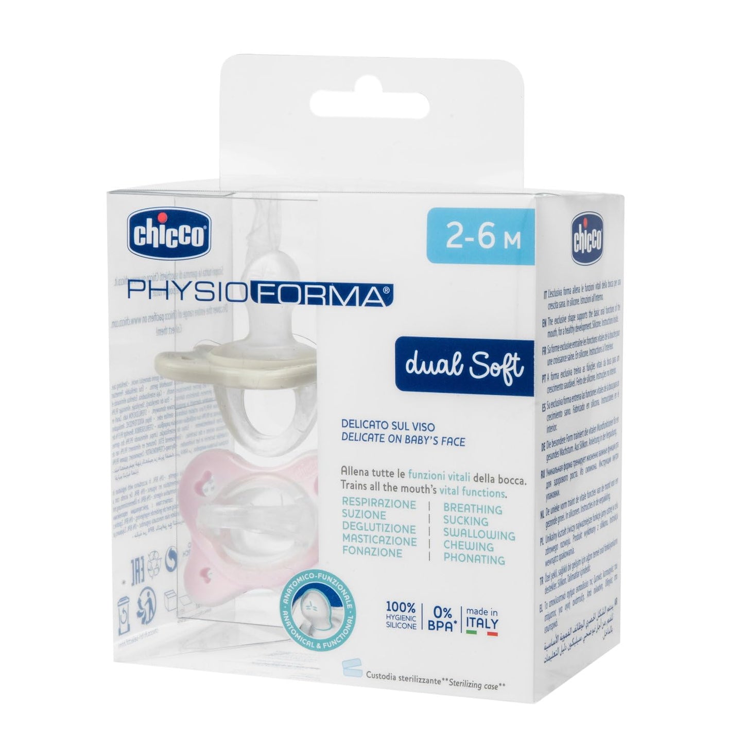 Chicco Gommotto Dual Soft, Ciuccio in Silicone 2-6 Mesi, Bicolore, Set di Gommotti con Doppia Morbidezza, Supportano la Respirazione e Favoriscono il Corretto Sviluppo della Bocca, 2 Pezzi, Bimba