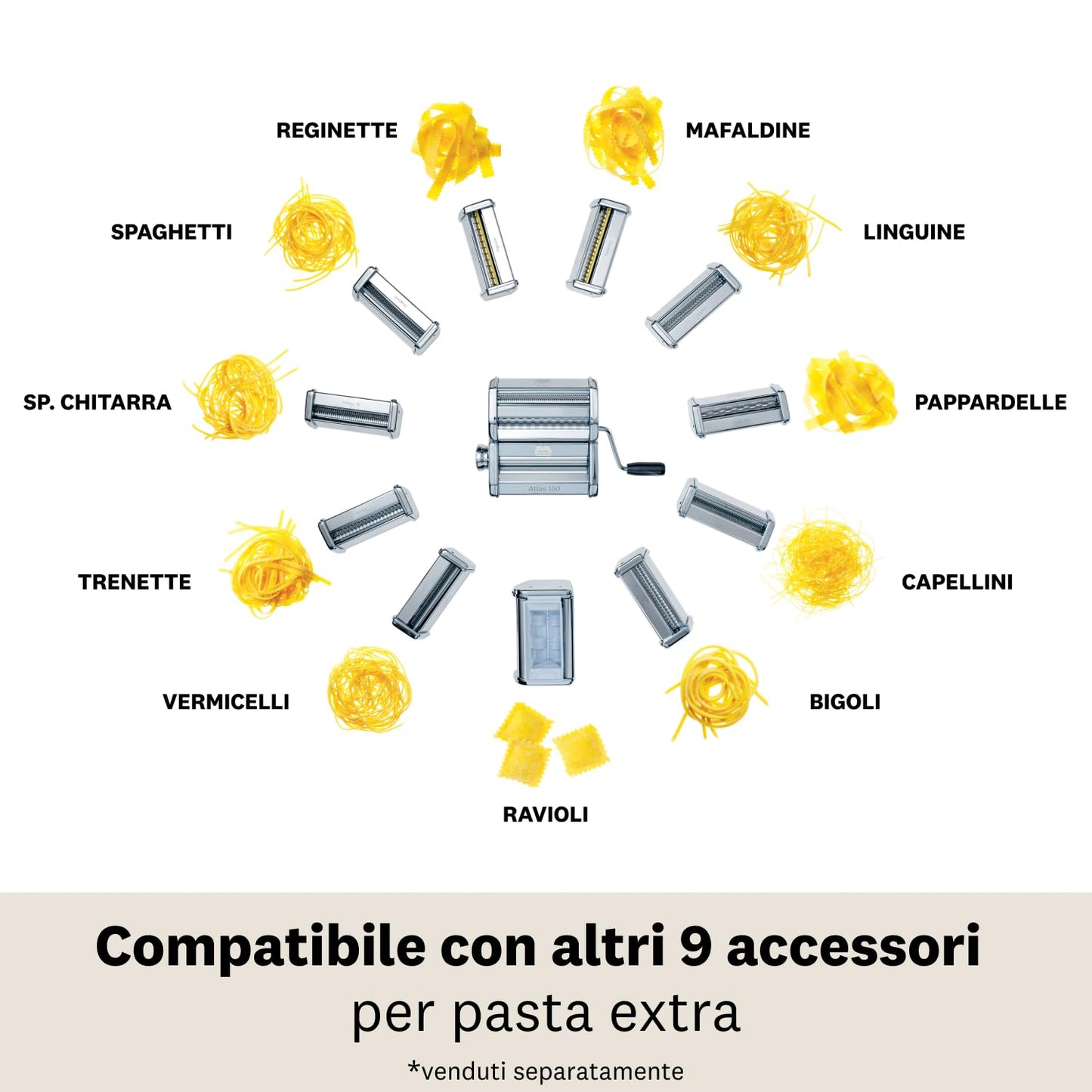 Marcato GS-PASTASET Macchina per Pasta Manuale con Inclusi Accessori per Ravioli e Spaghetti, Acciaio Cromato, Argento, 20,3x14x20,3 cm