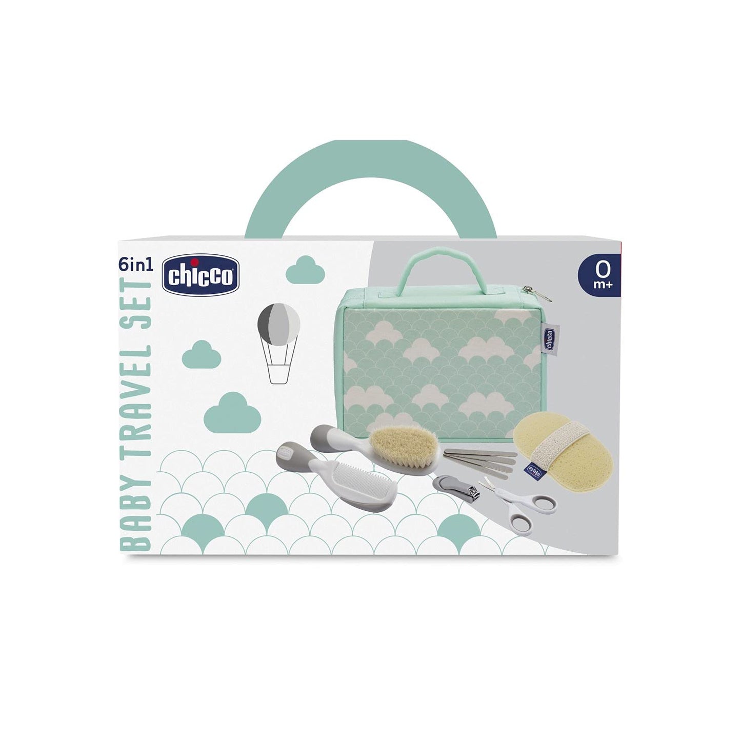 Chicco- Set da Viaggio Igiene per Bambini, 6 Pezzi, Spazzola e Pettine, Guanto Spugna, Forbici con Punte Arrotondate, Tagliaunghie e Limette USA e Getta