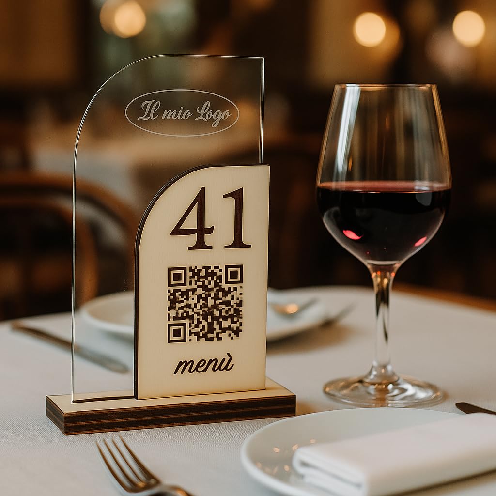 Segnatavolo in Plexiglass e Legno per Ristorante, Pizzeria, Bar, Trattoria | Segnaposto Numerato Personalizzato Intaglio Laser, con QR code per Menù on line e Logo Aziendale.