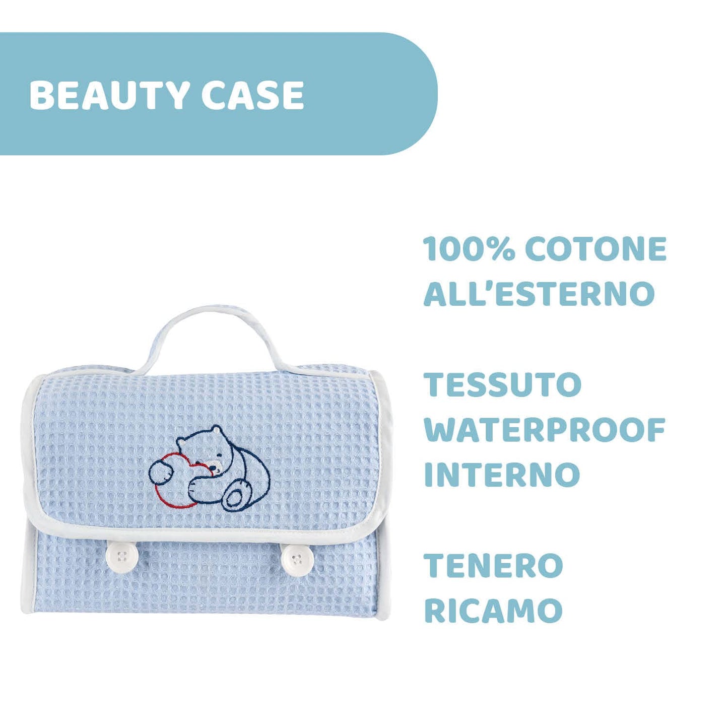 CHICCO Natural Sensation, Nappy Changing and Bathing Set with Cotton Beauty Case, Tears-Free Shampoo Bath 200 ml, Body Cream 150 ml, Soothing Paste 100 ml, Cleansing Wipes, Light Blue