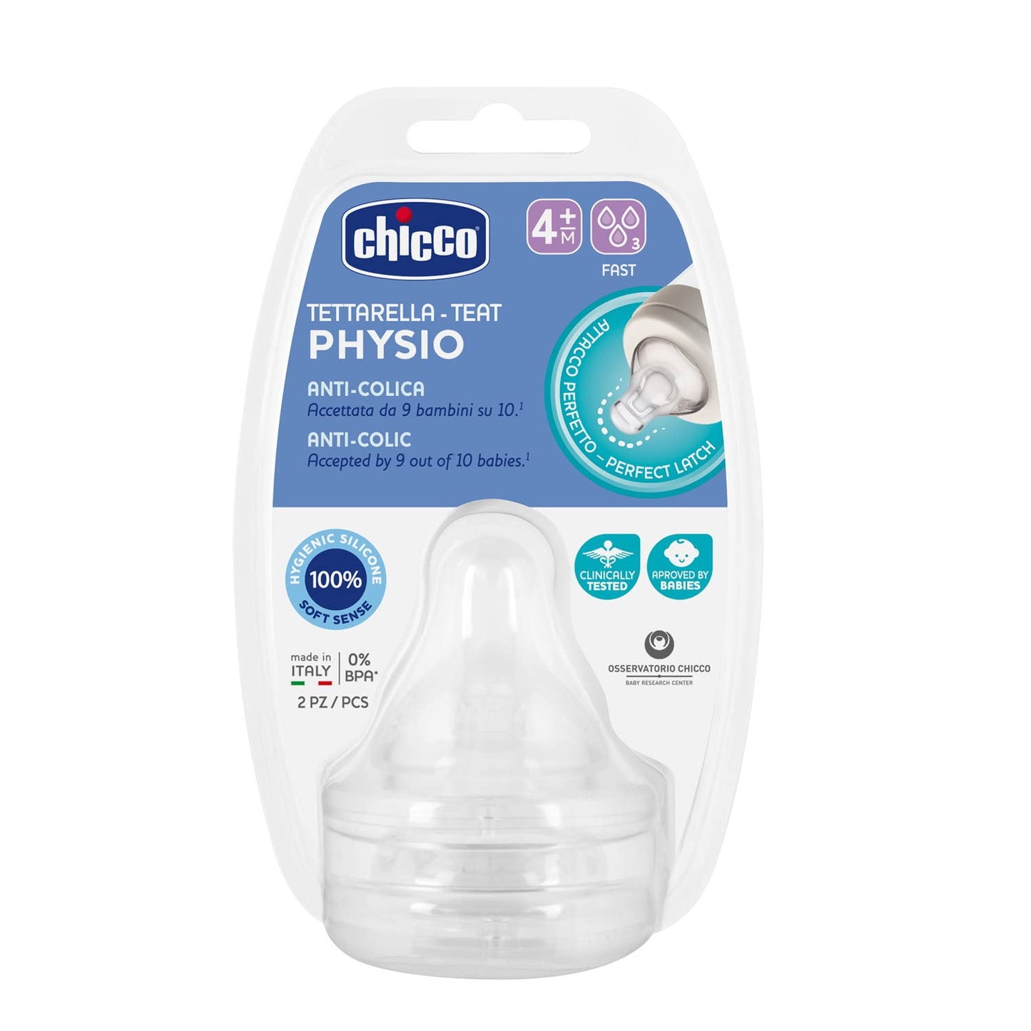 Chicco Tettarella Physio, Tettarella Flusso Veloce, per i Bambini Più Grandi, in Silicone Soft Sense, Compatibile con Biberon Perfect 5, Benessere e Original Touch, Trasparente, 4+ Mesi, 2 Pezzi